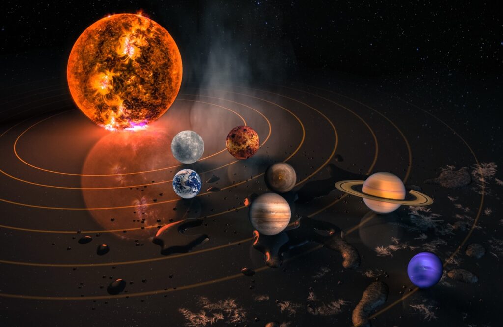 Sol system 8 planets, artistic, not to scale